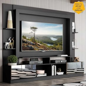 Rack c/ Painel TV 65" Portas c/ Espelho Oslo Multimóveis Preto/Madeirado