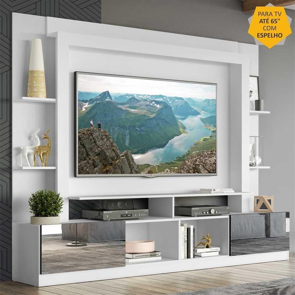 Rack c/ Painel TV 65" Portas c/ Espelho Oslo Multimóveis Branco/Preto