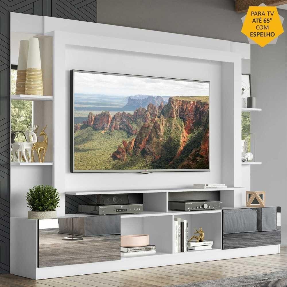 Rack Estante c/ Painel TV 65" e Espelho Oslo Multimóveis Branco/Preto