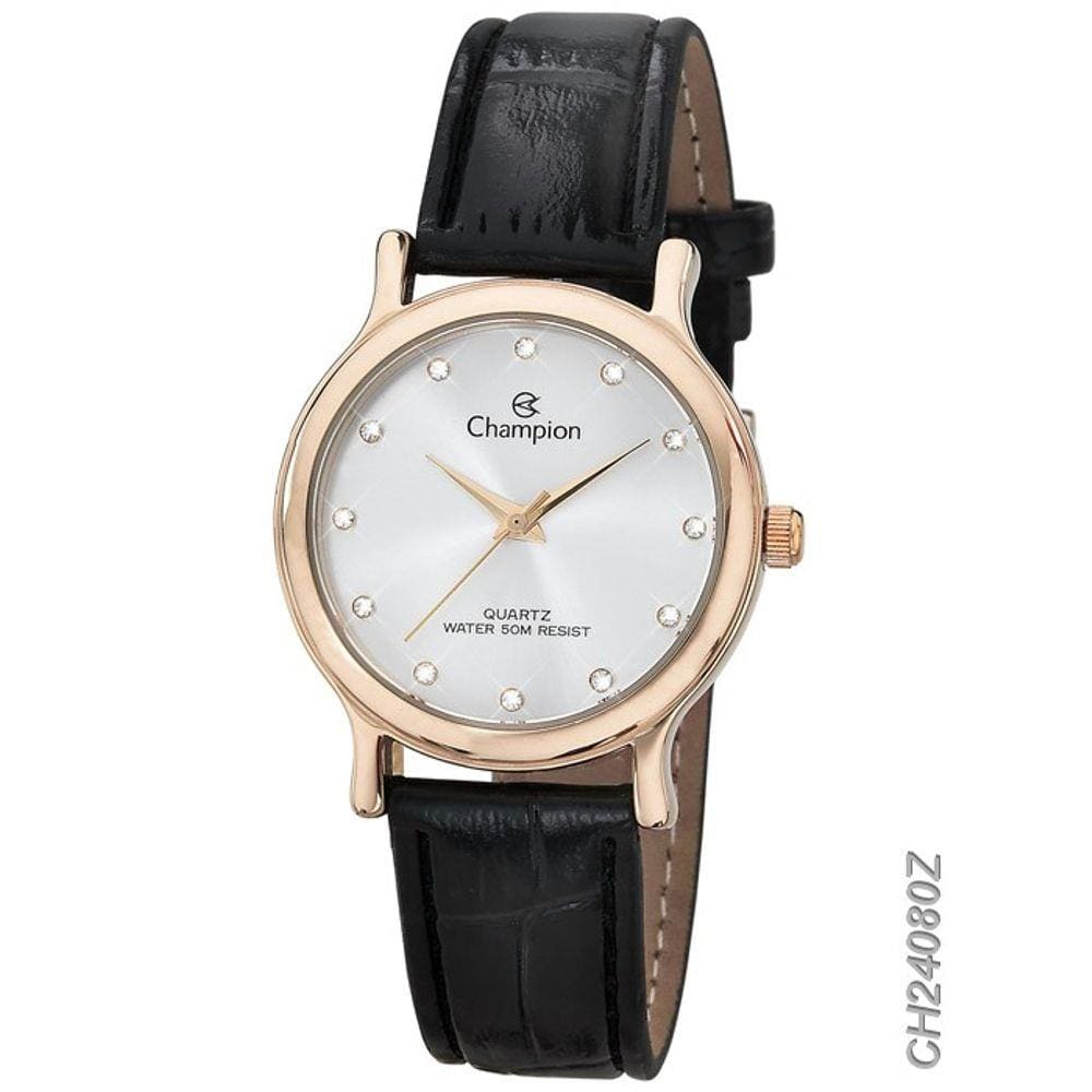 Relógio Champion Feminino Social CH24080Z Quartz Rosê Pulseira de Couro Preto
