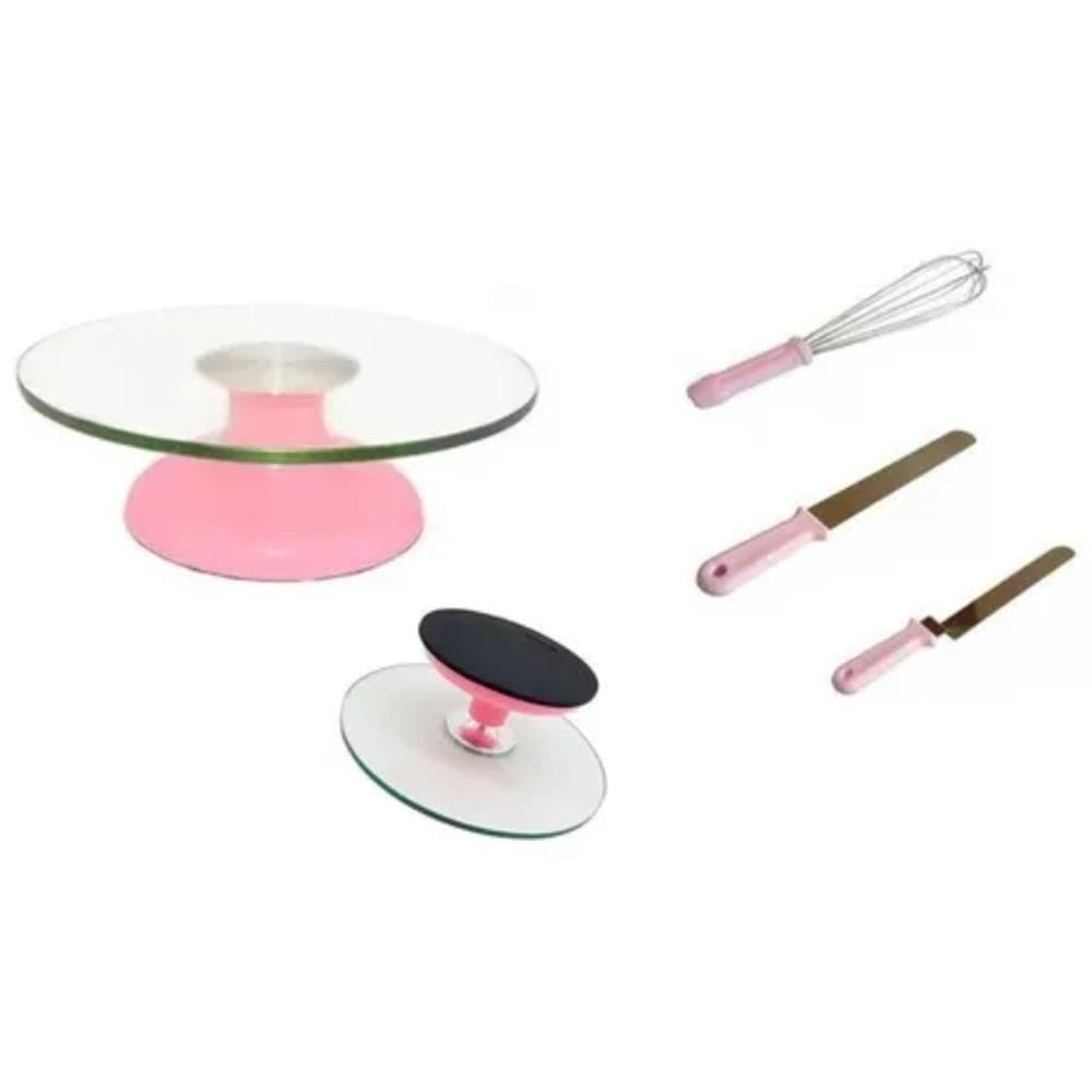 Bailarina Giratória De Vidro P/ Decorar Rosa Claro + Espátulas Lisa e Com Dobra + Fuê Batedor de Bolos (Rosa Claro)