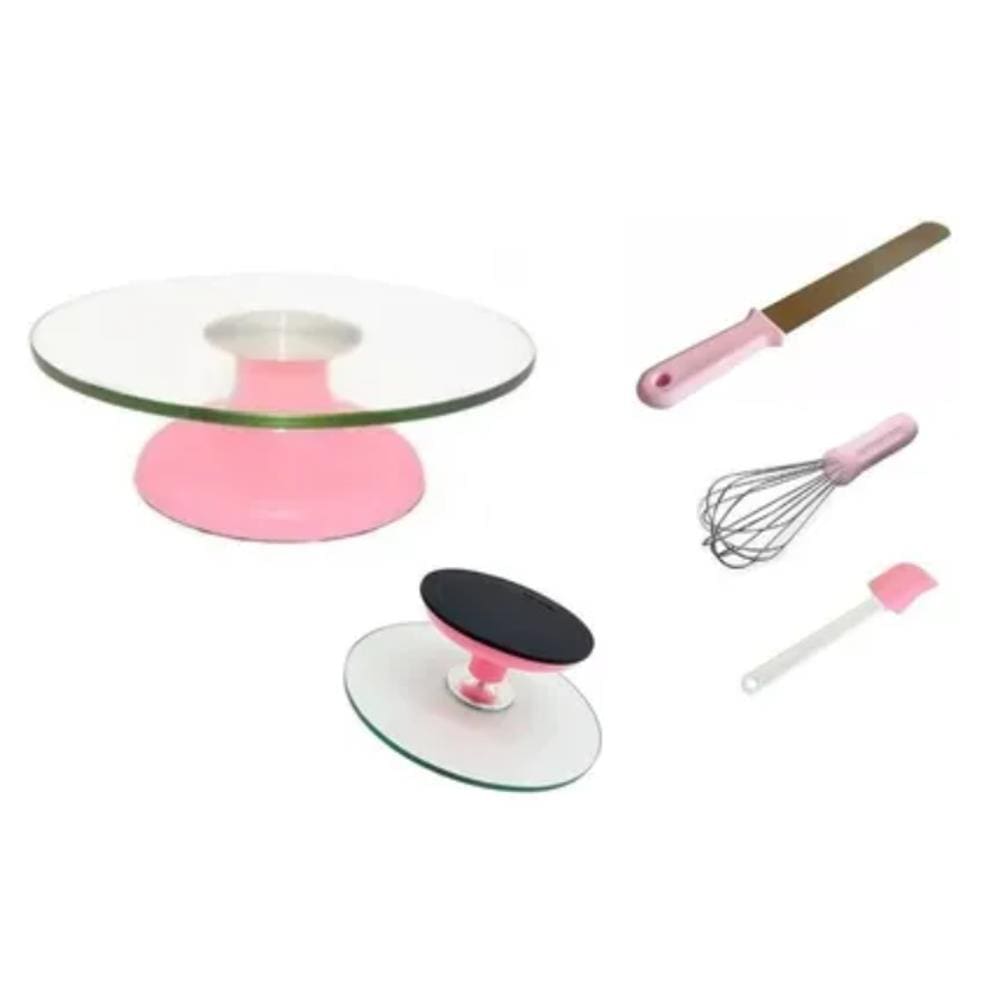 Bailarina Giratória De Vidro P/ Confeitar Rosa Claro + 1 Espátula Lisa + 1 Batedor de Bolos + 1 Espátula PVC (Rosa Claro)