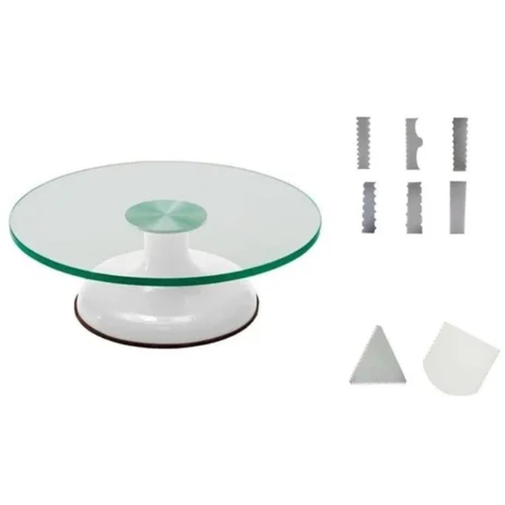 Bailarina Giratória Vidro Para Bolos Branca + 6 Espátulas Decorativas + Serrilhada e 4 Funções