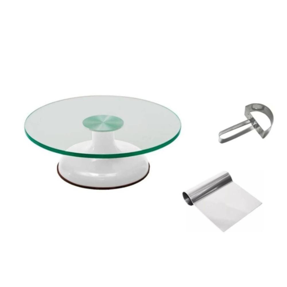 Bailarina Giratória Vidro P/ Decorar Bolos Branca + Espátula Tubular + Raspador Meia Lua Inox