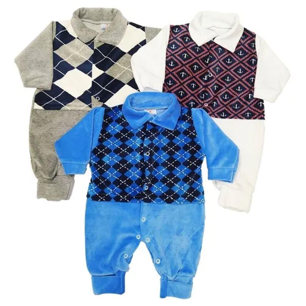 Kit Roupa de Bebê Macacão 3 Peças Plush Luxo Menino Menina