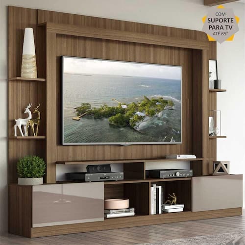 imagem-Rack Estante c/ Painel e Suporte TV 65" e 2 portas Oslo Multimóveis Branco - Marrom
