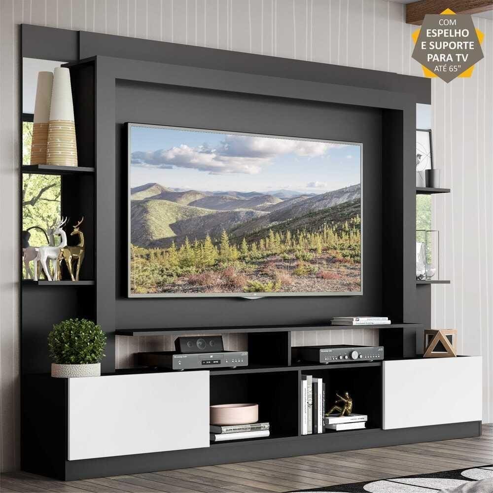 Rack c/ Painel e Suporte TV 65" Prateleiras c/ Espelho Oslo Multimóveis Preto/Branco