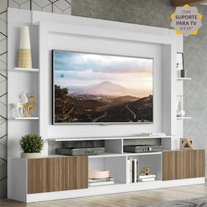 Rack Estante c/ Painel e Suporte TV 65" e 2 portas Oslo Multimóveis Branco/Madeirado