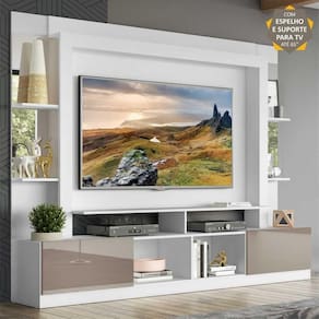 Rack c/ Painel e Suporte TV 65" Prateleiras c/ Espelho Oslo Multimóveis Branco/Lacca Fumê