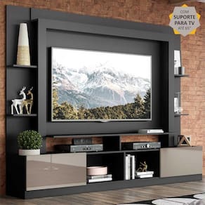 Rack Estante c/ Painel e Suporte TV 65" e 2 portas Oslo Multimóveis Preto/Lacca Fumê