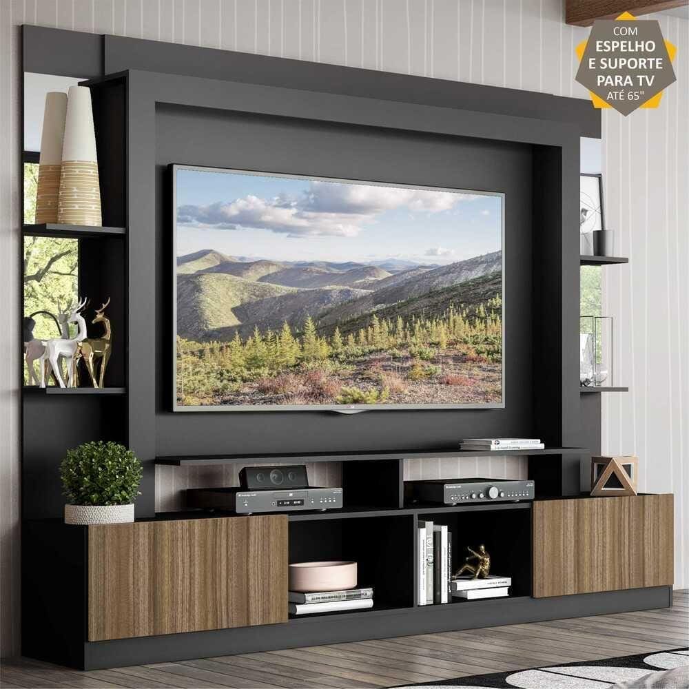 Rack c/ Painel e Suporte TV 65” Prateleiras c/ Espelho Oslo Multimóveis Preto/Madeirado