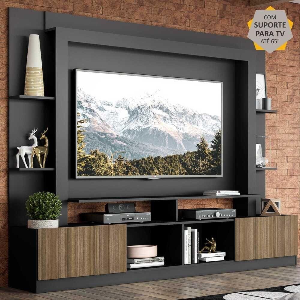 Rack Estante c/ Painel e Suporte TV 65" e 2 portas Oslo Multimóveis Preto/Madeirado