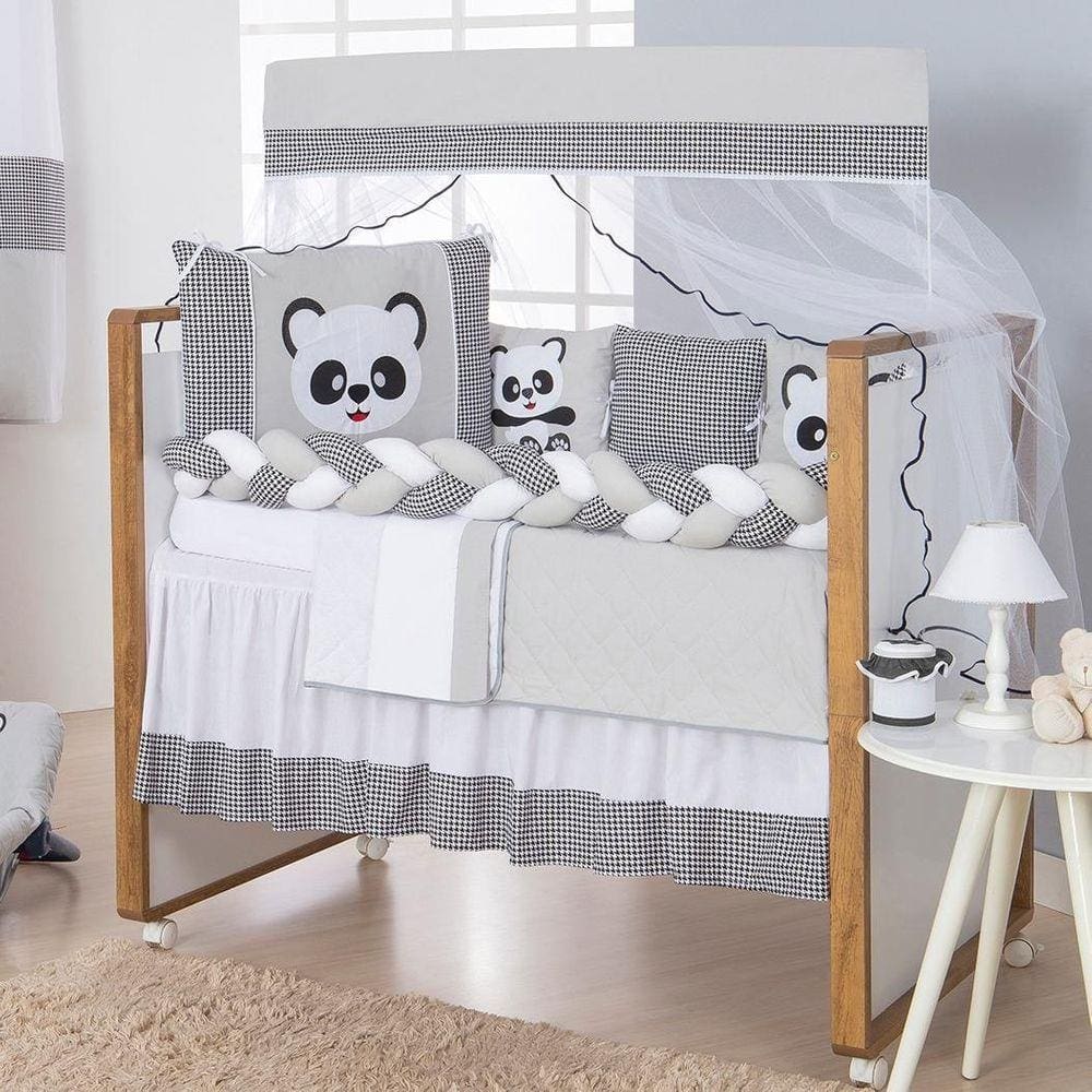 Kit Protetor De Berço Trança Panda 11 Peças Menino/Menina