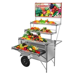 Carrinho Expositor de Legumes em Inox com Rodas Pneumáticas e Guarda Sol