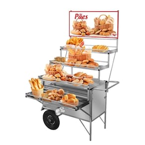 Carrinho Expositor de Pães em Inox com Rodas Pneumáticas e Toldo