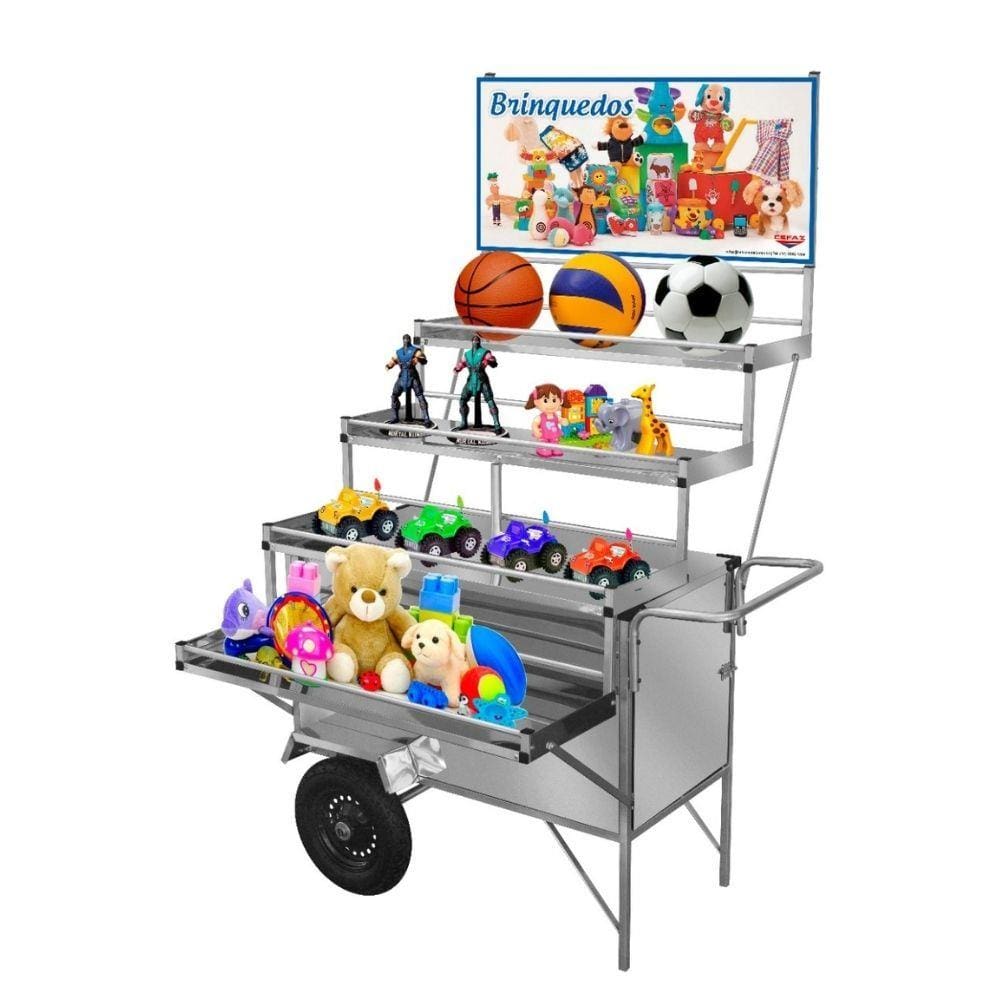 Carrinho Expositor de Brinquedos em Inox com Rodas Pneumáticas e Toldo