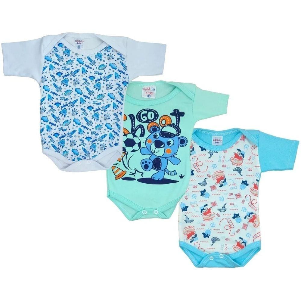 Kit 3 Peças Body Manga Curta Estampado Roupa de Bebê Meninos