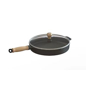 Frigideira Ferro Fundido Com Tampa Vidro Cabo Madeira 1,3 Litros 22cm