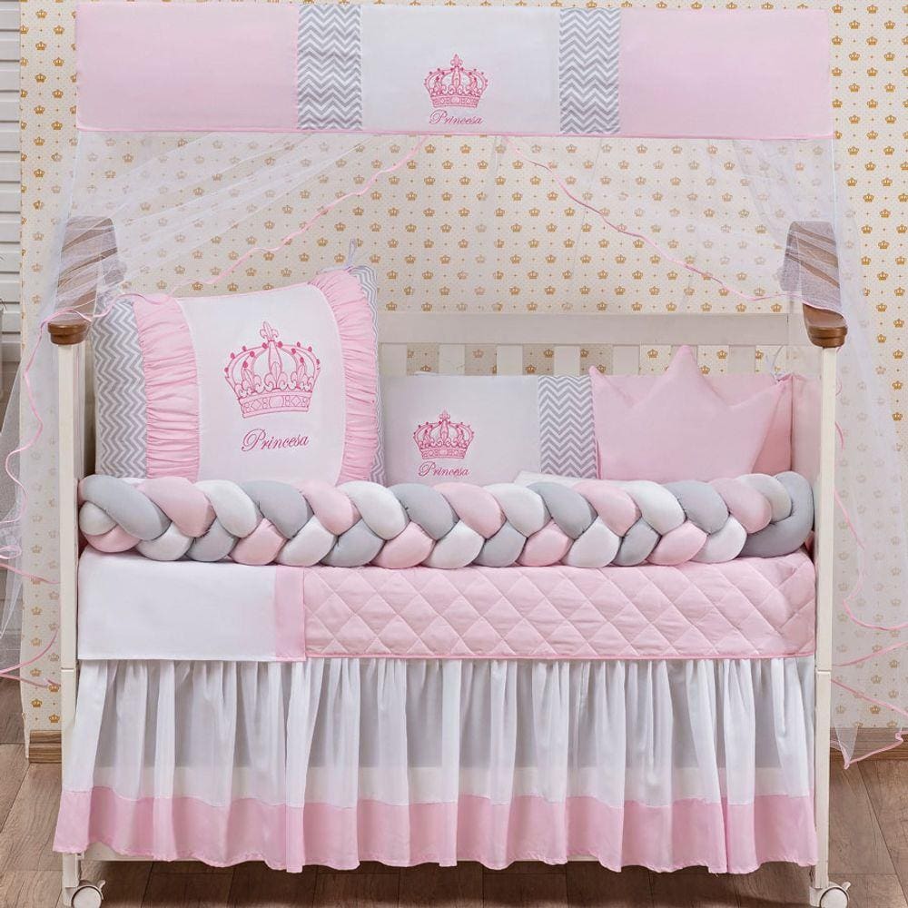 Kit Berço Americano Coroa Princesa Rosa Menina 12 peças com Saia berço E almofada