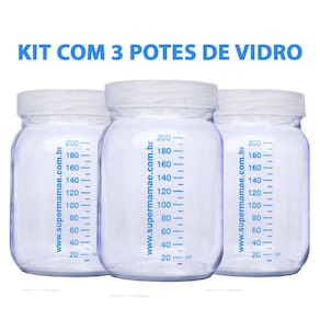 Kit com 3 Potes de Vidro para Armazenar Leite Materno 200ml Com Graduação