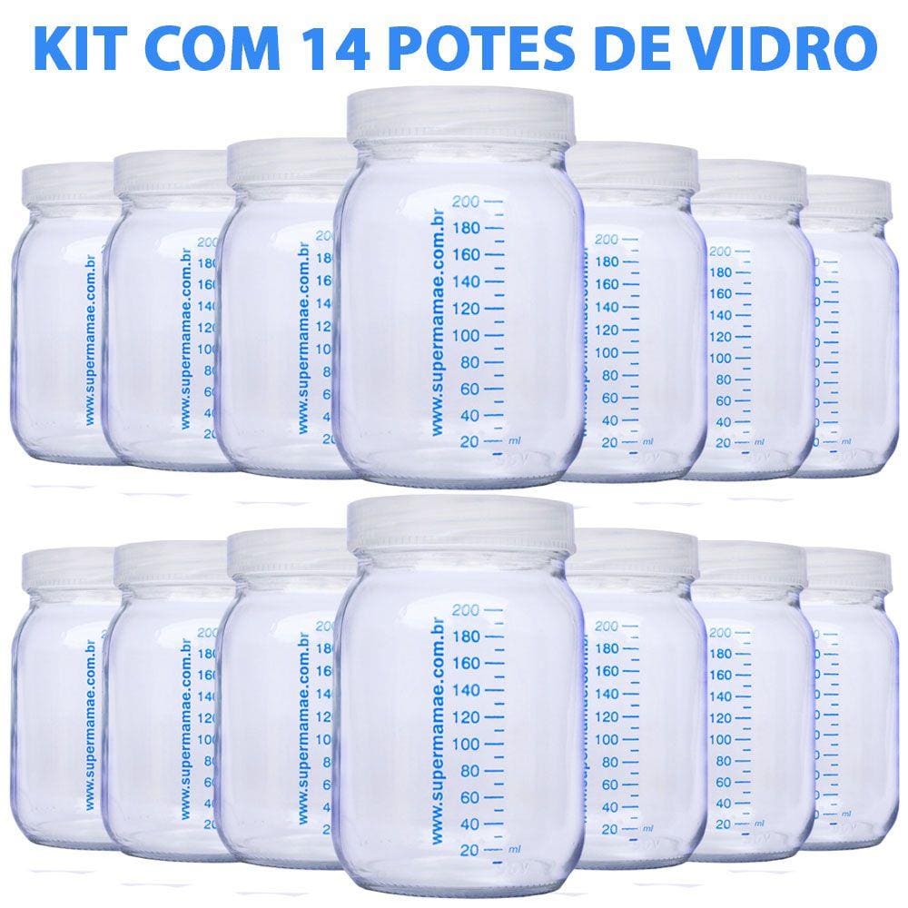 Kit com 14 Potes de Vidro para Armazenar Leite Materno 200ml Com Graduação