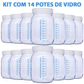 Kit com 14 Potes de Vidro para Armazenar Leite Materno 200ml Com Graduação