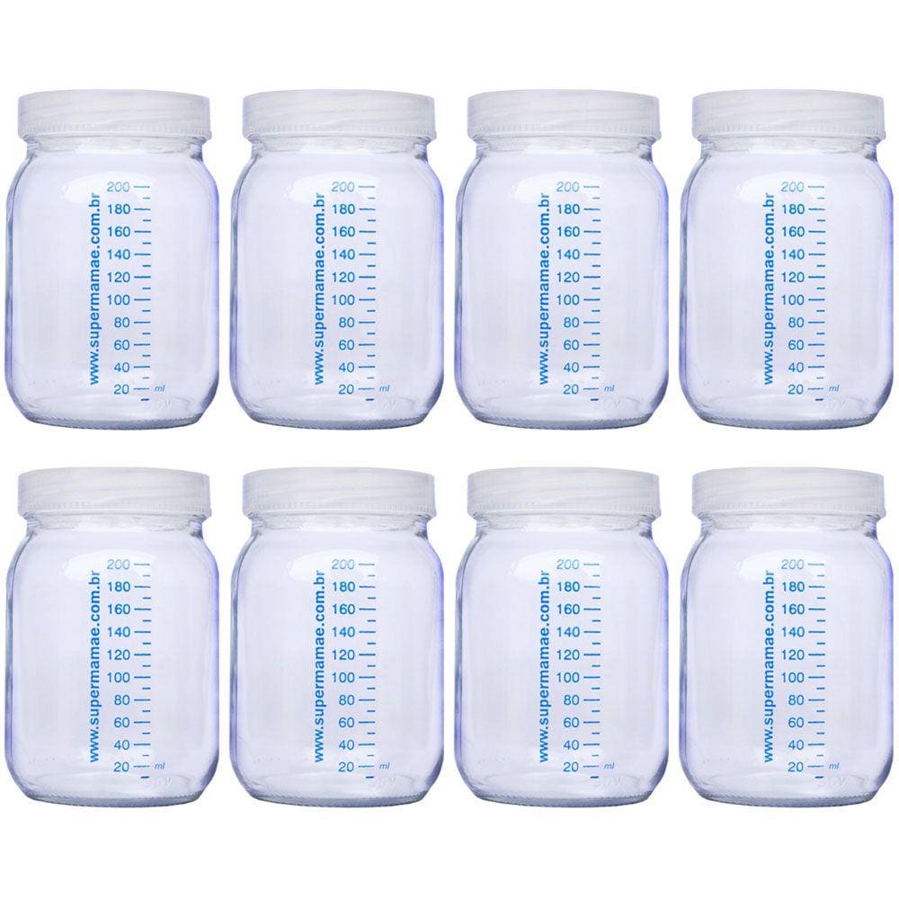 Kit com 10 Potes de Vidro para Armazenar Leite Materno 200ml Com Graduação