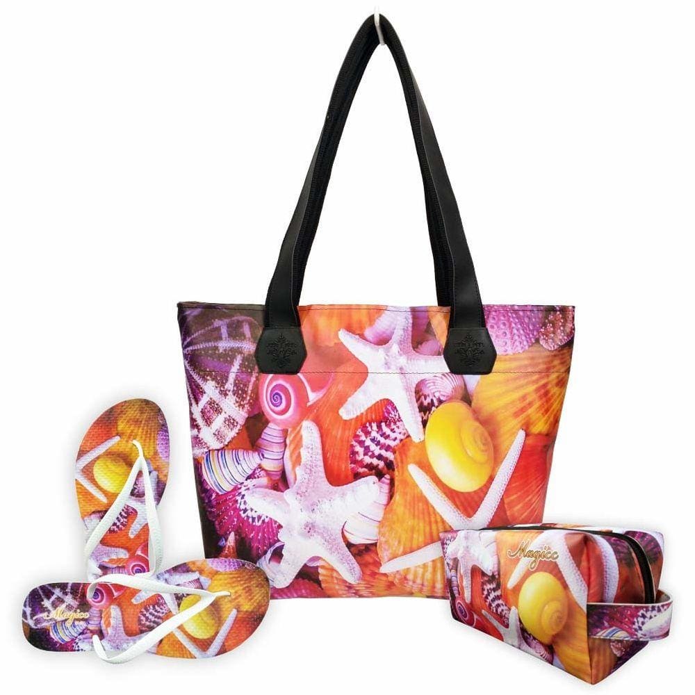 Kit Praia Feminino Estrelas-do-Mar com Bolsa, Necessaire e Chinelo, Magicc