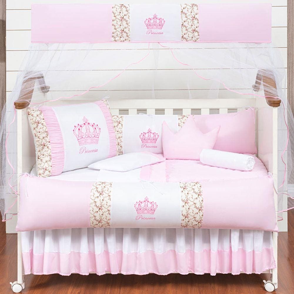 Kit Protetor Berço Completo Americano Realeza Coroinha 2 Laterais Rosa Menina 11 peças e Saia Berço