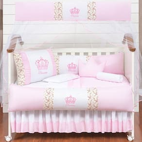 Kit Protetor Berço Completo Americano Realeza Coroinha 2 Laterais Rosa Menina 11 peças e Saia Berço