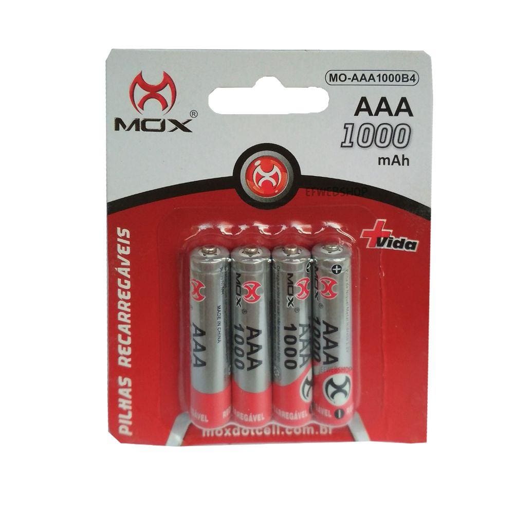 PILHA RECARREGAVEL AAA 1000mAh COM 4 UNIDADES MOX