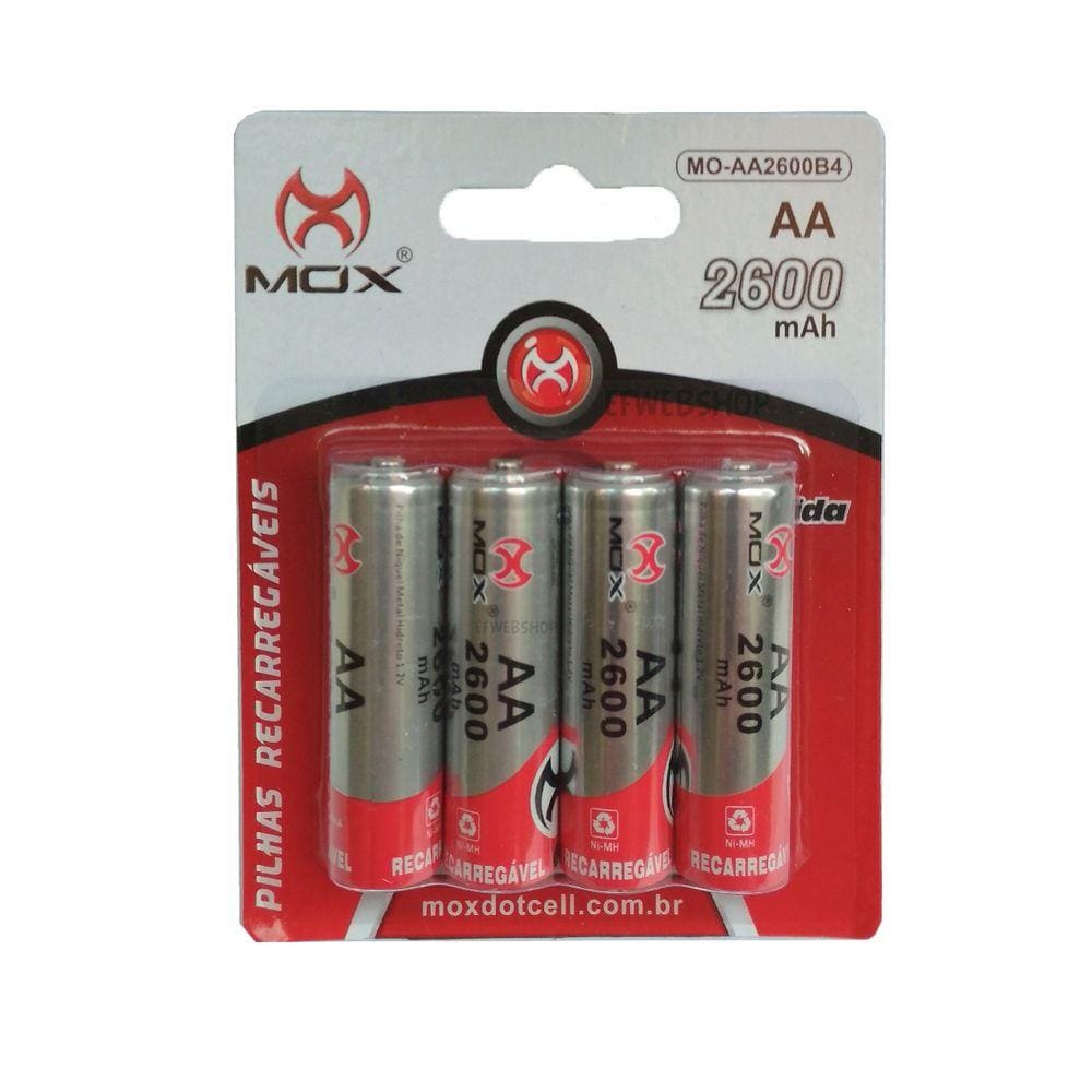 PILHA RECARREGAVEL AA 2600mAh COM 4 UNIDADES MOX