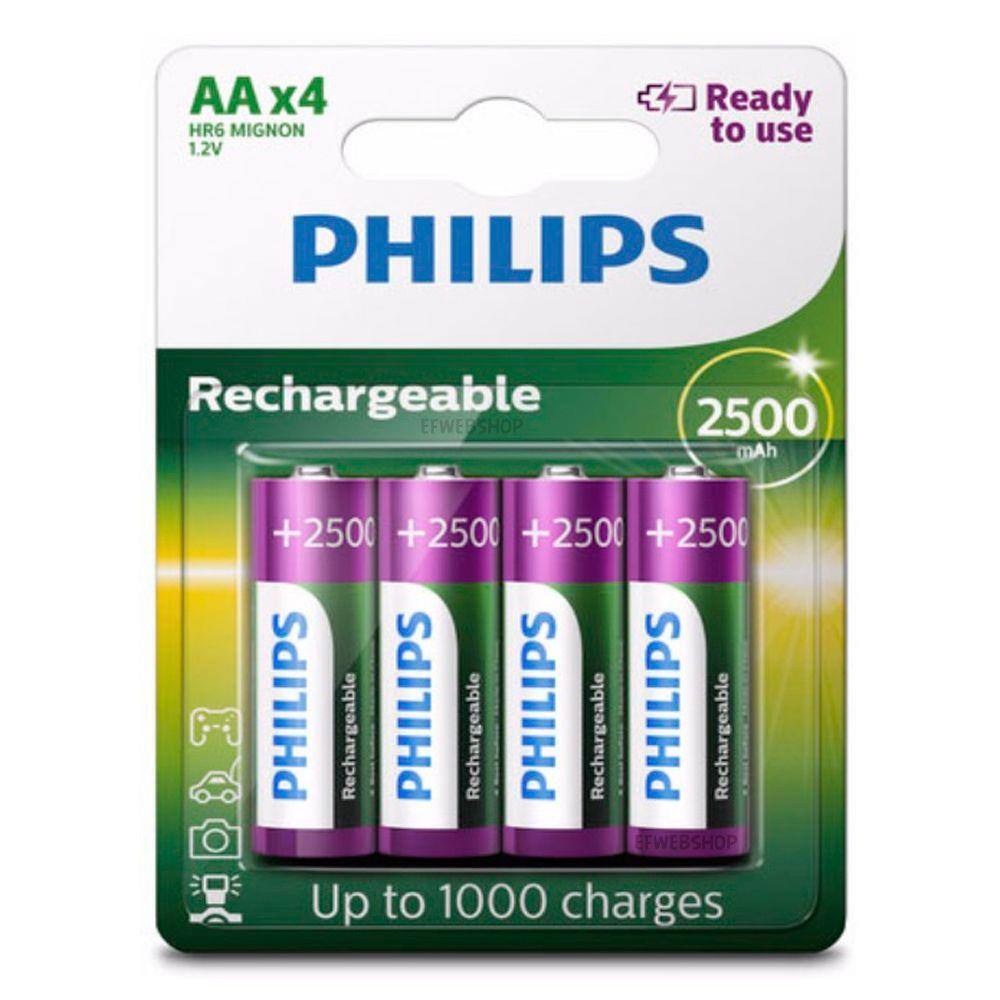Pilha Recarregavel Aa Pequeno 2500 Mah Com 4 Und Rtu Philips