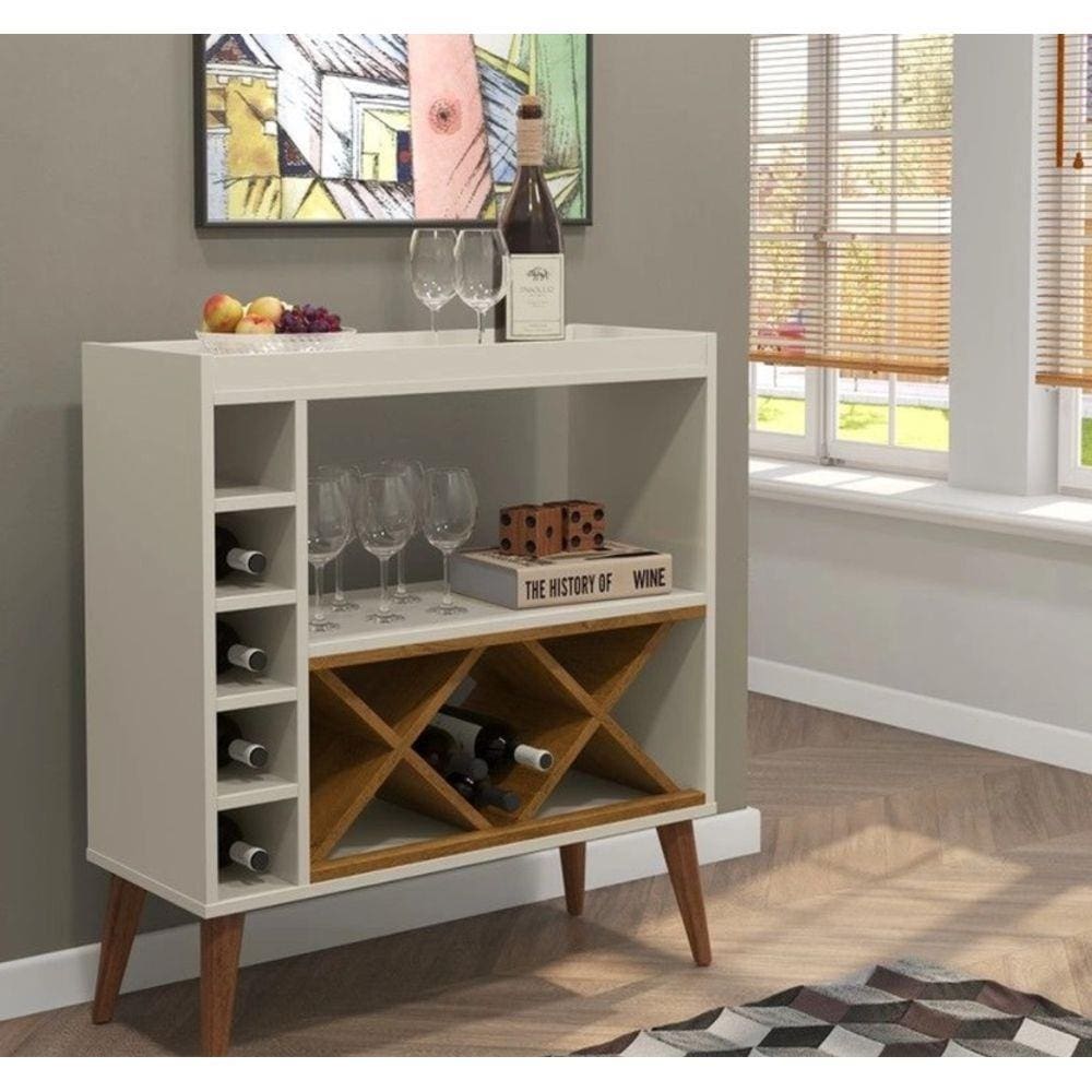 Aparador Estilo Retrô Pés Palito Adega Bar Label - Off White com Freijó - Comprar Moveis Em Casa