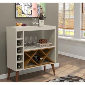 Aparador Estilo Retrô Pés Palito Adega Bar Label - Off White com Freijó - Comprar Moveis Em Casa