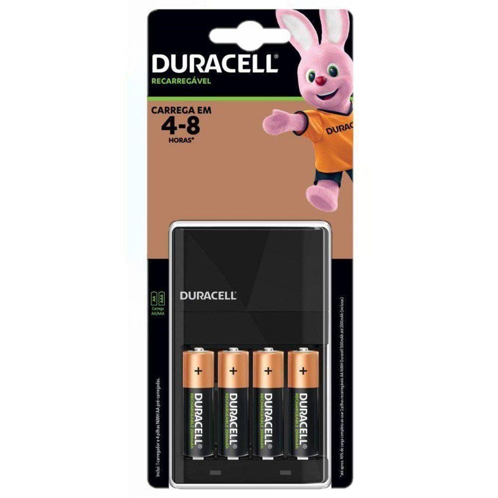 Carregador Duracell com 4 Pilhas Aa 2500mAh Recarregáveis CEF14BR4 Bivolt Preto e com Selo Inmetro