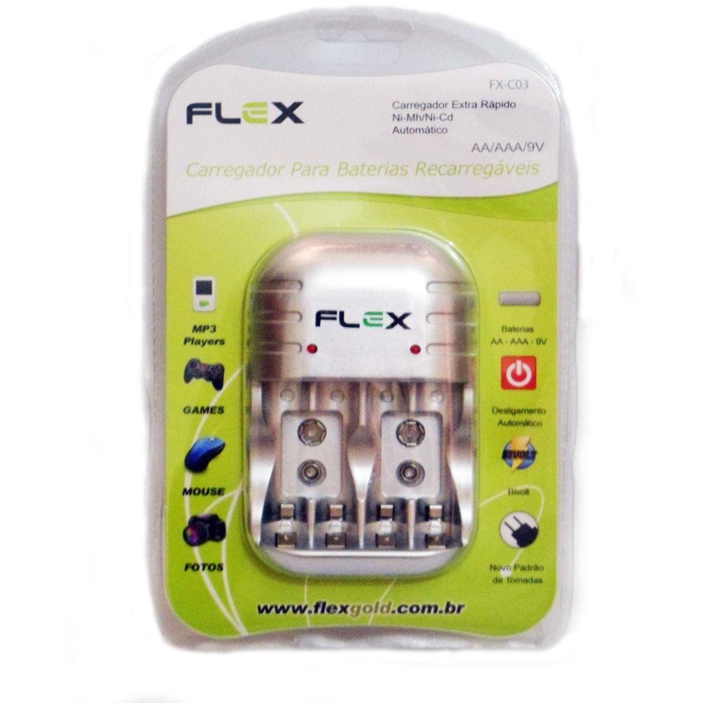 Carregador de Pilhas Flex FX-C03 AA AAA e Baterias 9v com Led e Desligamento Automático Bivolt Inmetro