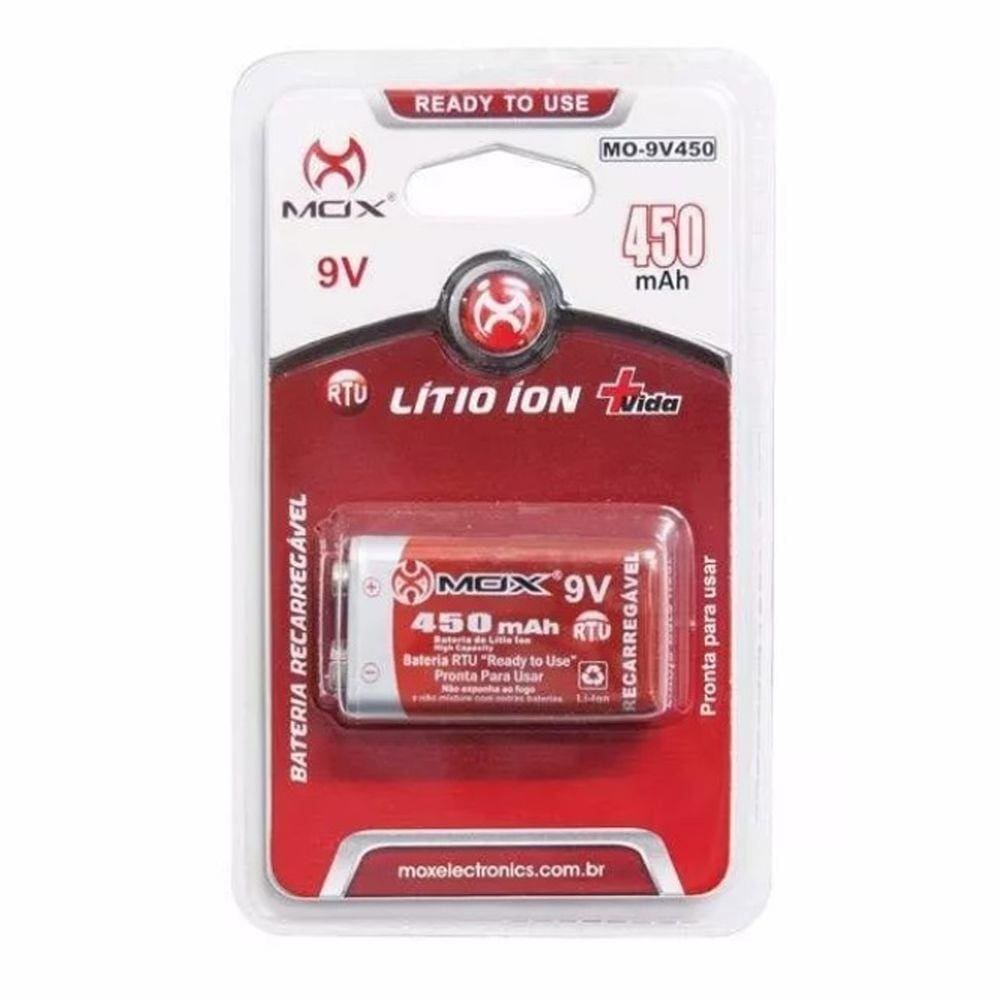 Bateria Recarregável Mox 9v de Lítio ion 450mAh Alta Duração em Microfone Violão RTU MO-9V450