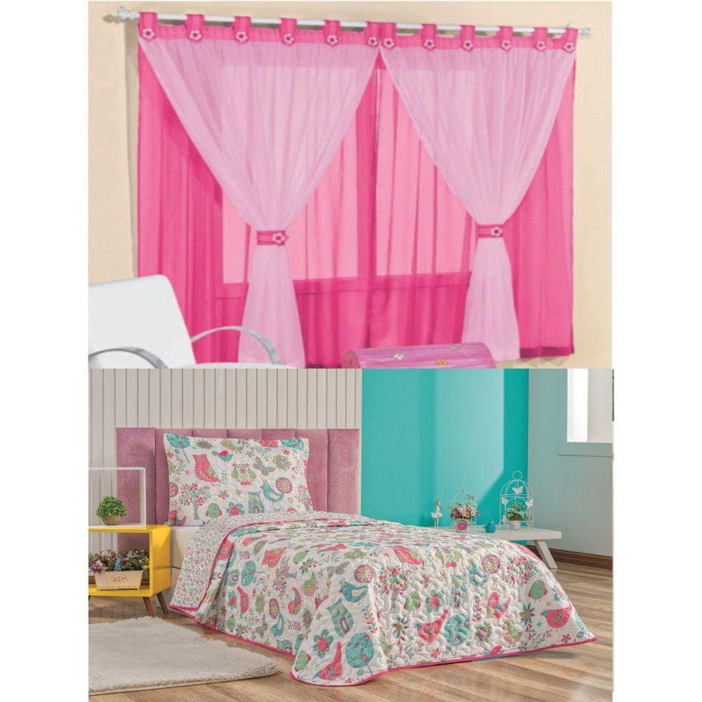 Cortina Juvenil Quarto Menina e Colcha Matelada Coruja - Pink