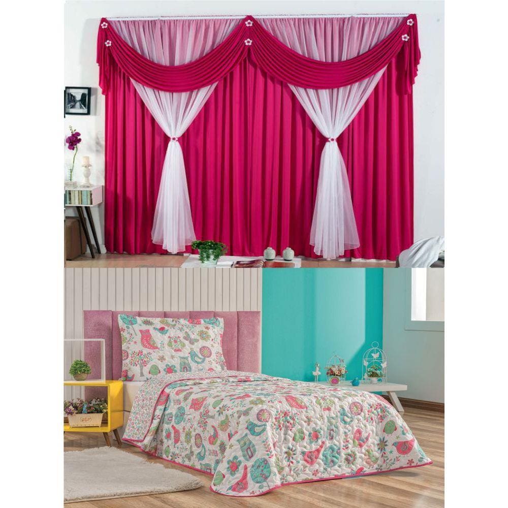 Cortina Jessica Quarto Menina e Colcha Matelada Coruja - Pink