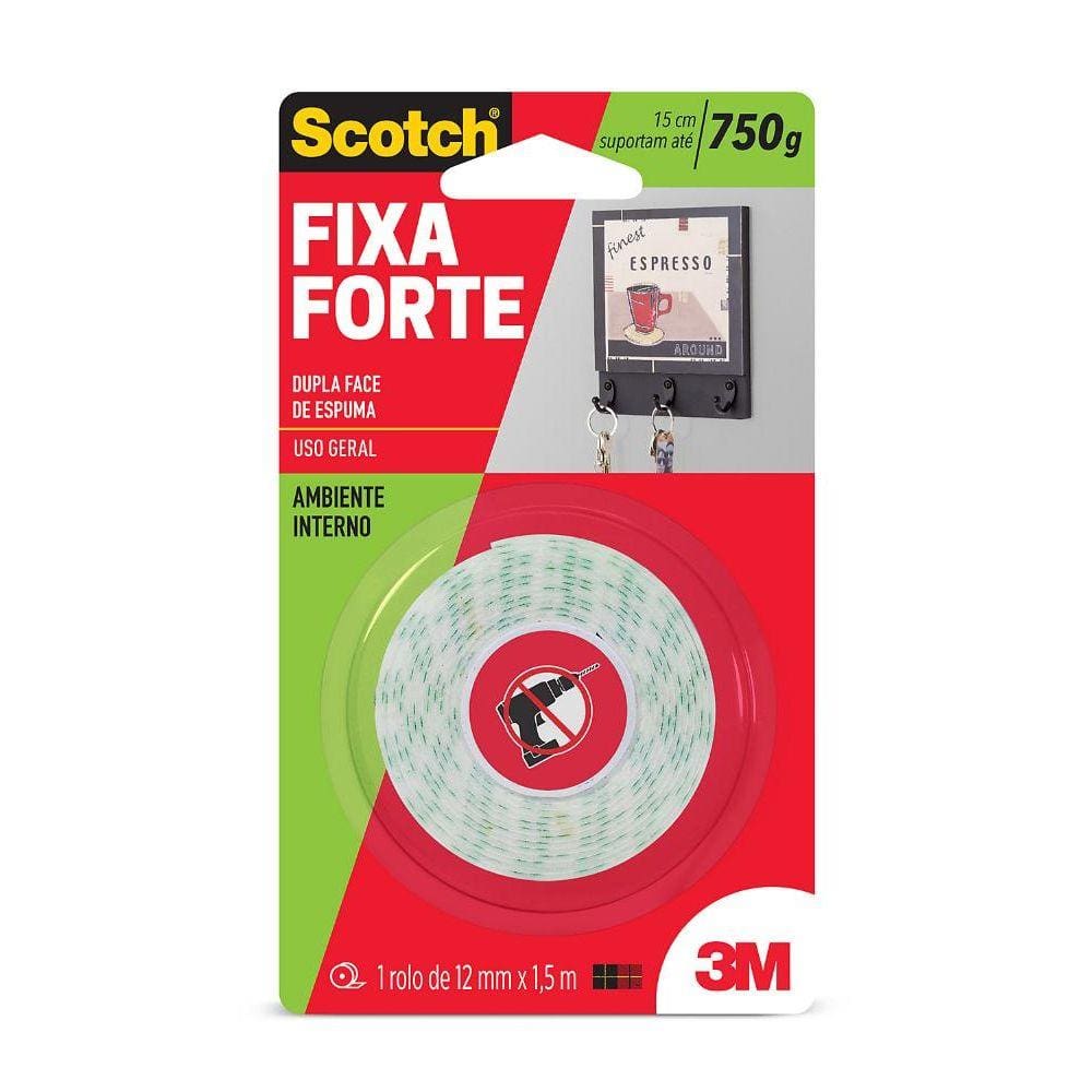 Fita Dupla Face 3M Scotch Fixa Forte Espuma - 12 mm x 1,5 m