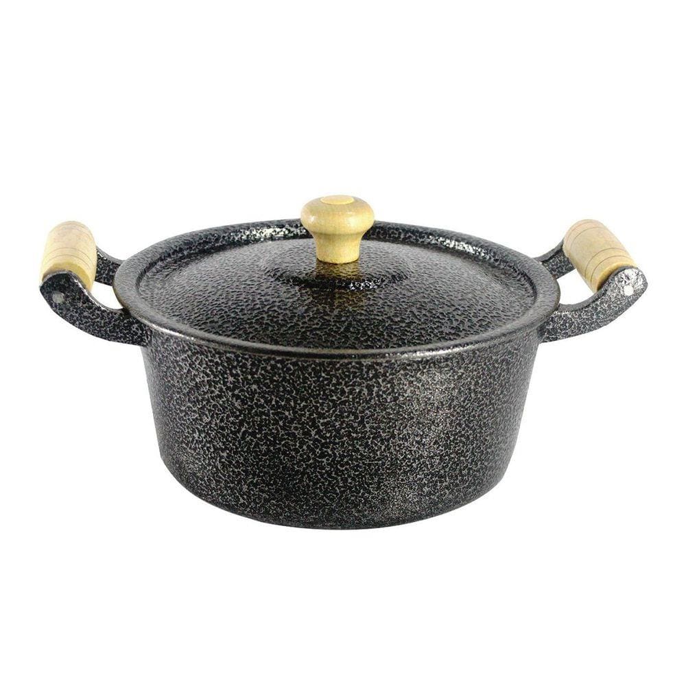 Caçarola Panela Reta Craqueada de Alumínio Alça Madeira Preta 22cm
