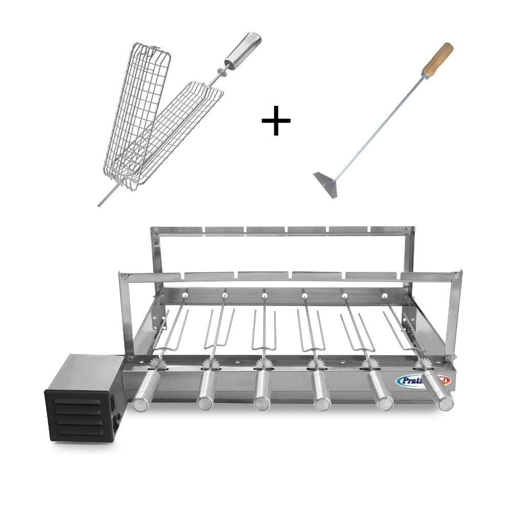 Kit Grill Inox Churrasqueira com 6 Espetos Tridente + Espeto Grelha Espalhador Carvão - Pratic Metal