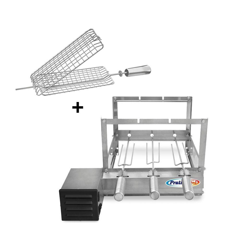 Kit Grill Inox Churrasqueira com 3 Espetos Tridente + Espeto Grelha - Pratic Metal