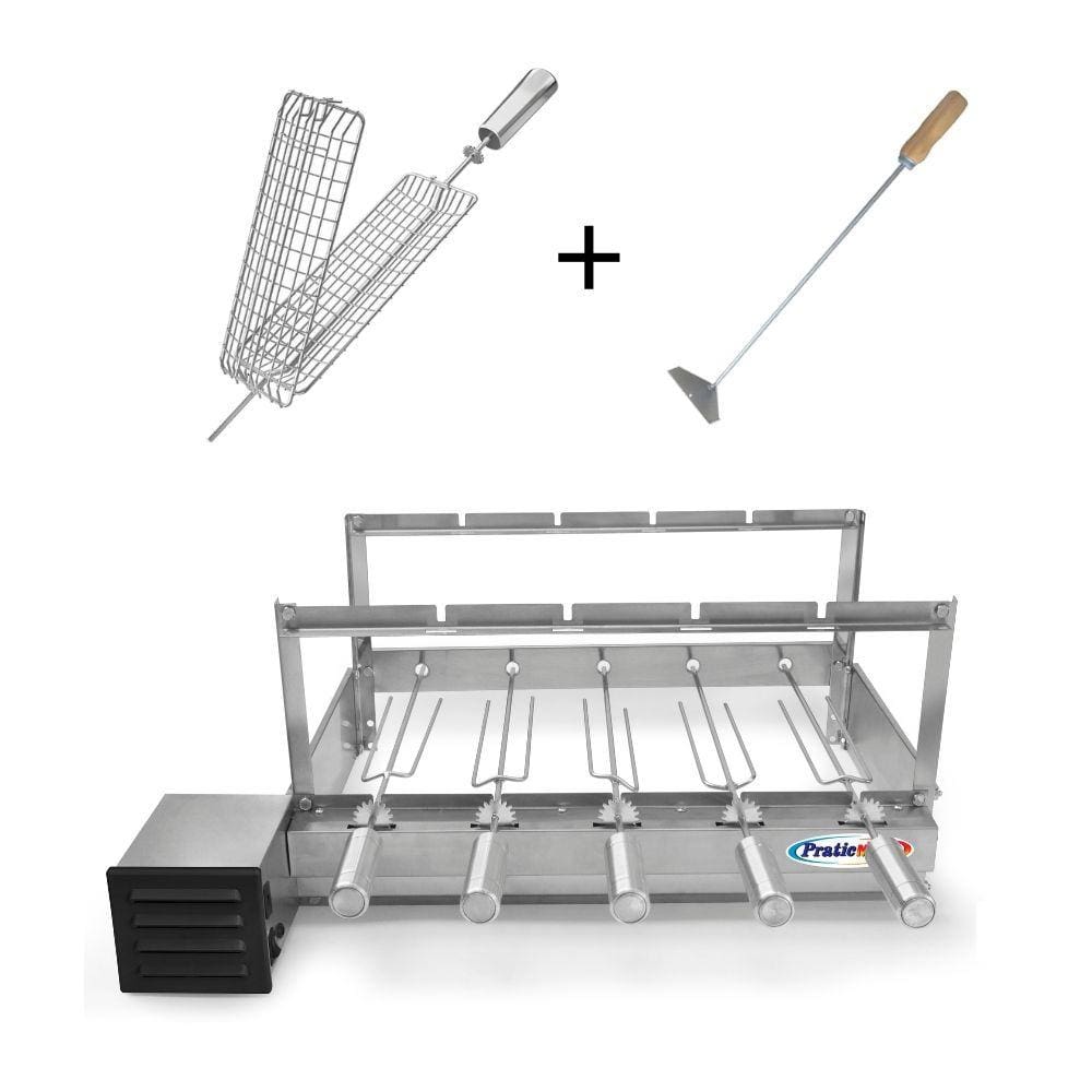 Kit Grill Inox Churrasqueira com 5 Espetos Tridente + Espeto Grelha Espalhador Carvão - Pratic Metal