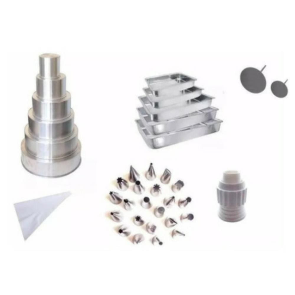 Kit Confeiteiro (Formas Redondas 6 Pçs + Assadeiras + Kit Bicos 25 Pçs + Suporte de Rosas)