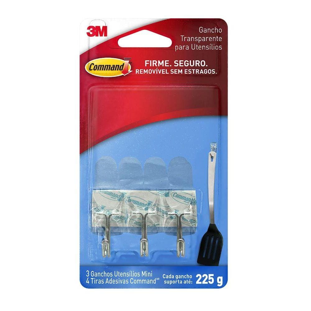 Gancho Adesivo para Utensílios 3M Command Transparente Mini - 3 unidades