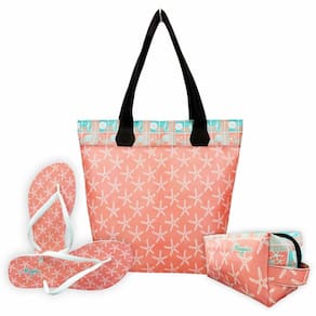 Kit Praia Feminino Estrela-do-Mar Salmão com Bolsa, Necessaire e Chinelo, Magicc