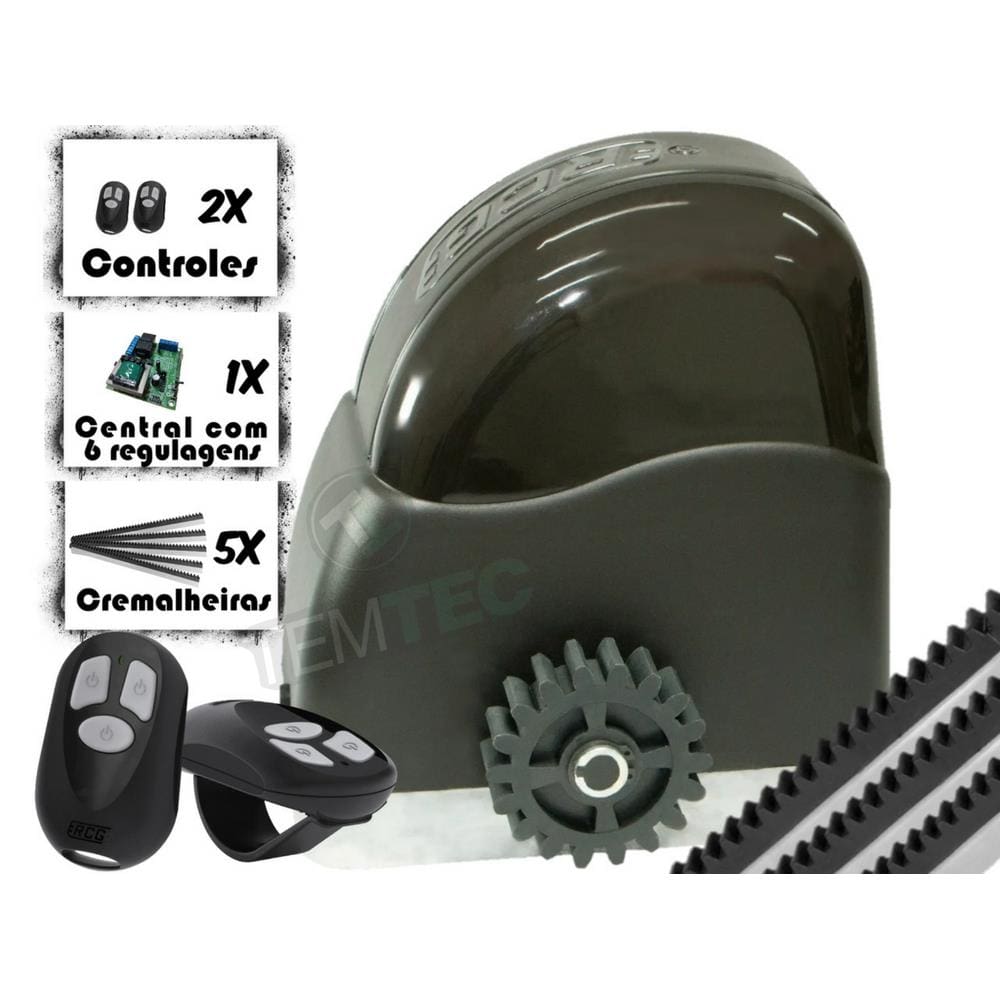 KIT MOTOR PORTÃO DESLIZANTE RCG AL 600Kg 1/3CV 127V ou 220V + 2 CONTROLES + 3M DE CREMALHEIRAS