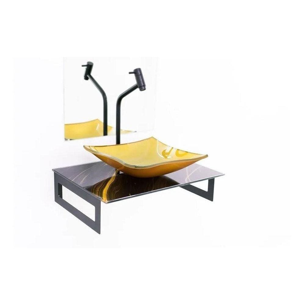 Gabinete De Vidro 50Cm Cuba Quadrada Mármore Preto Dourado
